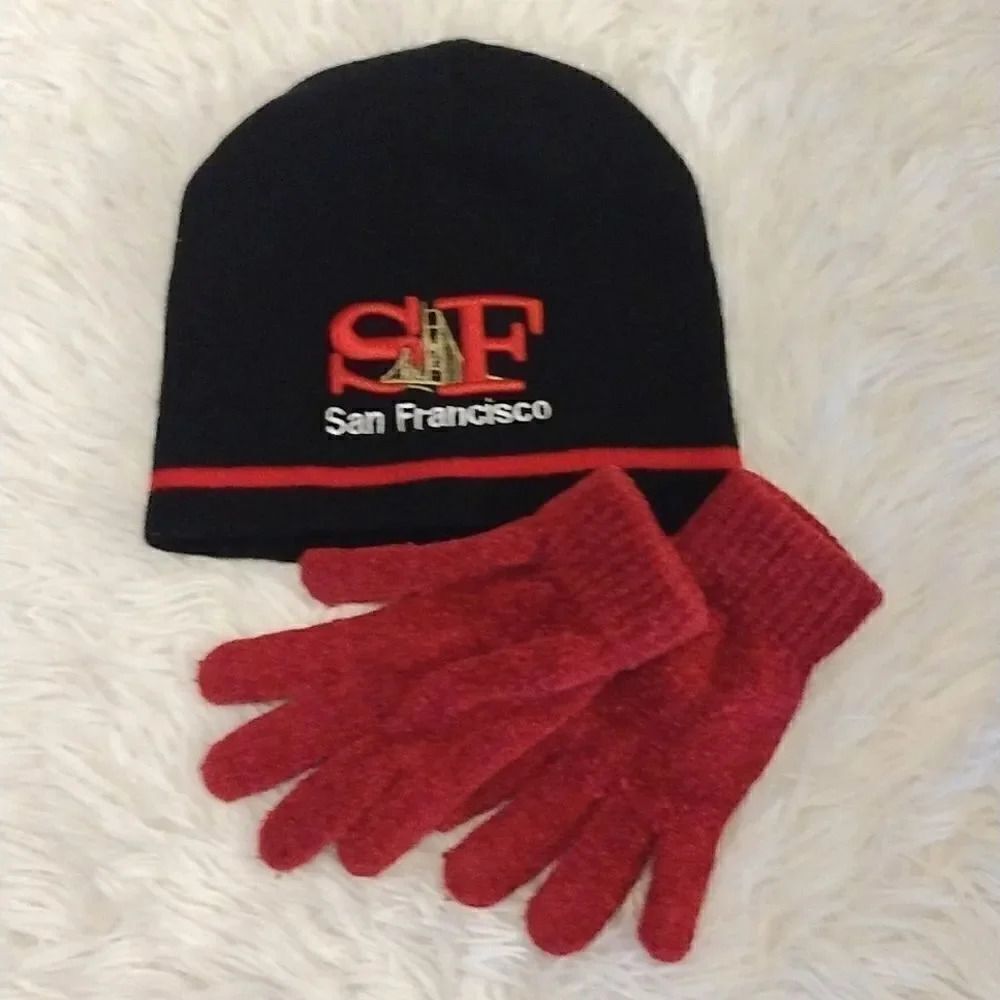 San Francisco Embroidered Winter Beanie & Red Gloves Bundle NWOT Travel